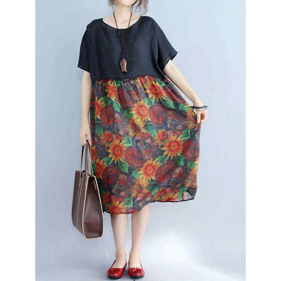 Large Size Women Floral Dress Batwing Sleeve Patchwork Dresses