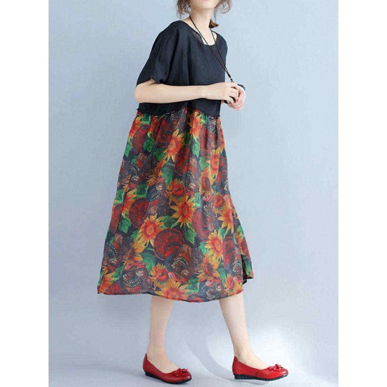 Large Size Women Floral Dress Batwing Sleeve Patchwork Dresses