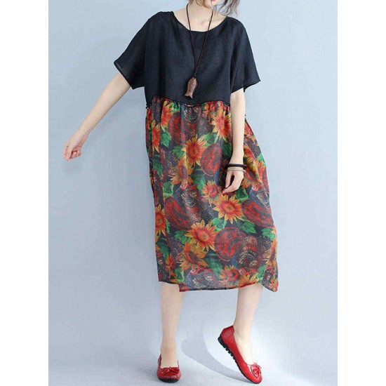 Large Size Women Floral Dress Batwing Sleeve Patchwork Dresses