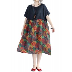 Large Size Women Floral Dress Batwing Sleeve Patchwork Dresses