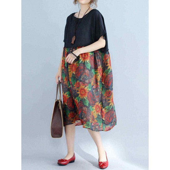 Large Size Women Floral Dress Batwing Sleeve Patchwork Dresses