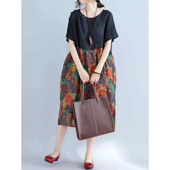 Large Size Women Floral Dress Batwing Sleeve Patchwork Dresses