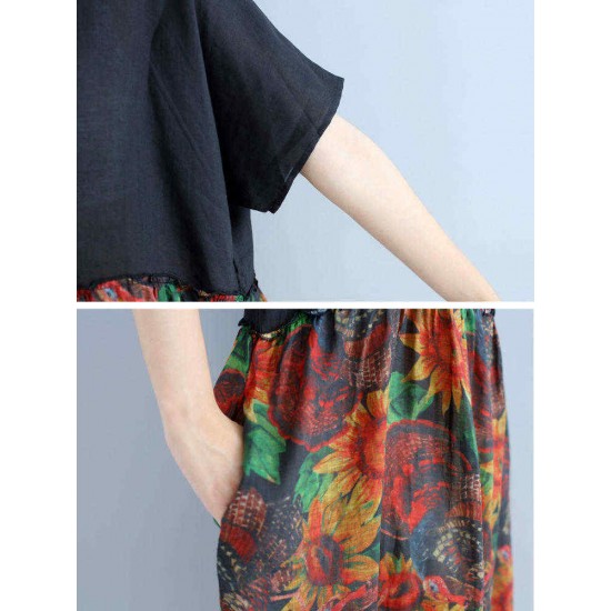 Large Size Women Floral Dress Batwing Sleeve Patchwork Dresses