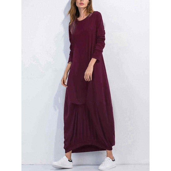 Leisure Ladies Solid Kaftan Round Neck Long Sleeves Dresses