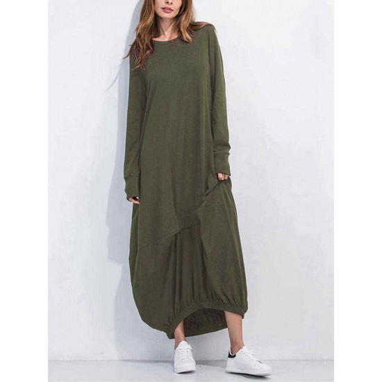 Leisure Ladies Solid Kaftan Round Neck Long Sleeves Dresses