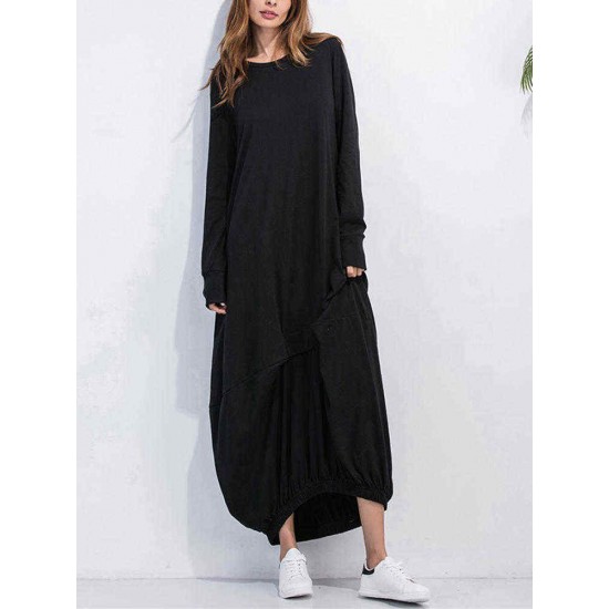 Leisure Ladies Solid Kaftan Round Neck Long Sleeves Dresses