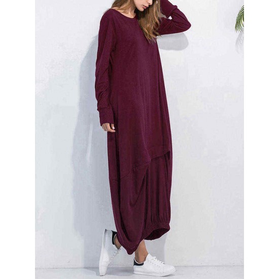 Leisure Ladies Solid Kaftan Round Neck Long Sleeves Dresses