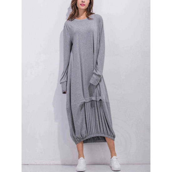 Leisure Ladies Solid Kaftan Round Neck Long Sleeves Dresses