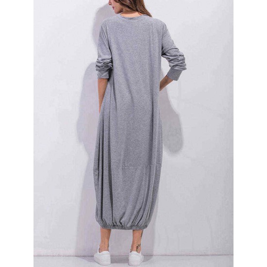 Leisure Ladies Solid Kaftan Round Neck Long Sleeves Dresses