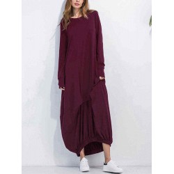 Leisure Ladies Solid Kaftan Round Neck Long Sleeves Dresses