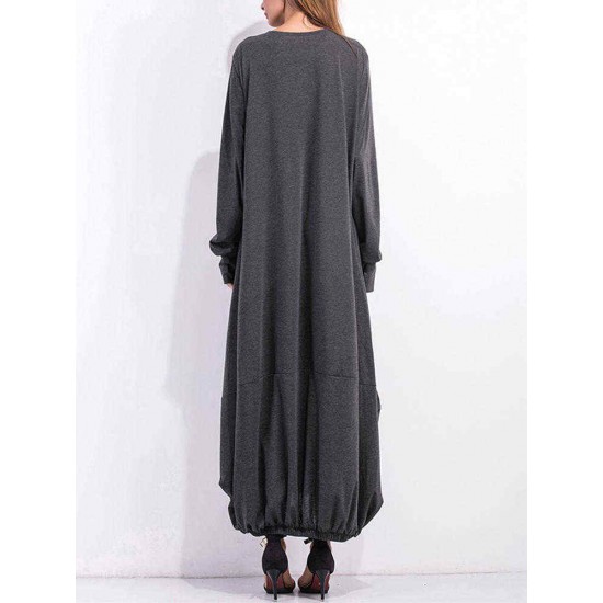 Leisure Ladies Solid Kaftan Round Neck Long Sleeves Dresses