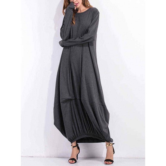 Leisure Ladies Solid Kaftan Round Neck Long Sleeves Dresses