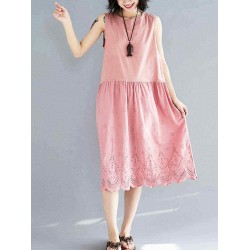 Linen Cotton Pure Color Hollow Out Hem Sleeveless Dress