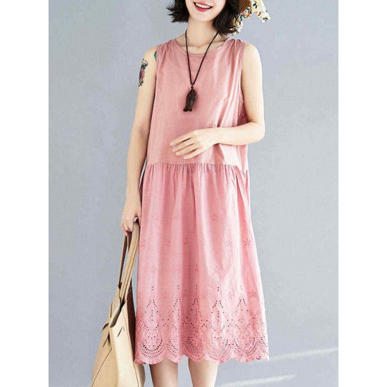 Linen Cotton Pure Color Hollow Out Hem Sleeveless Dress