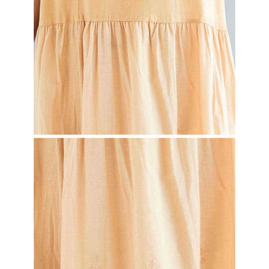 Linen Cotton Pure Color Hollow Out Hem Sleeveless Dress