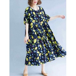 Loose Cotton Fruits Printed Half Sleeve Casual Dress