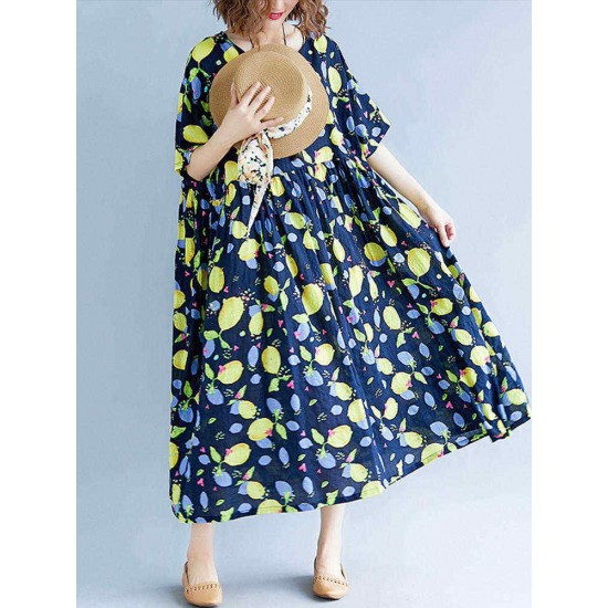 Loose Cotton Fruits Printed Half Sleeve Casual Dress