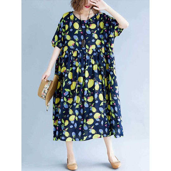 Loose Cotton Fruits Printed Half Sleeve Casual Dress