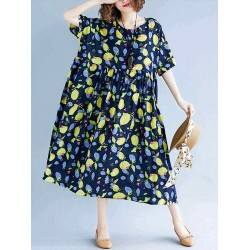 Loose Cotton Fruits Printed Half Sleeve Casual Dress