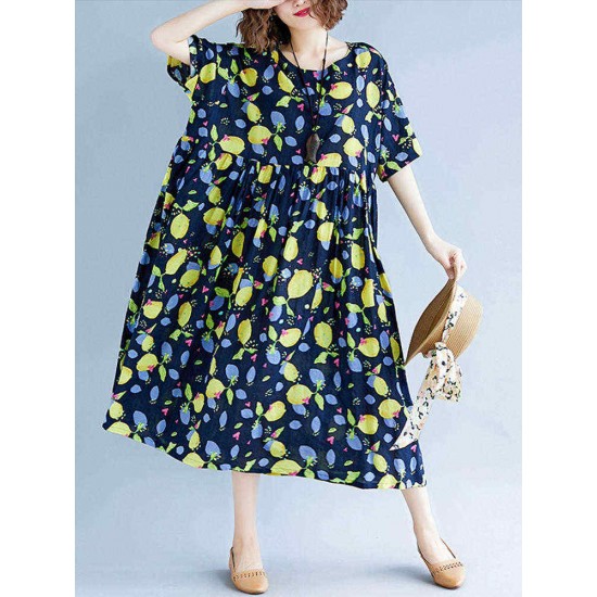 Loose Cotton Fruits Printed Half Sleeve Casual Dress