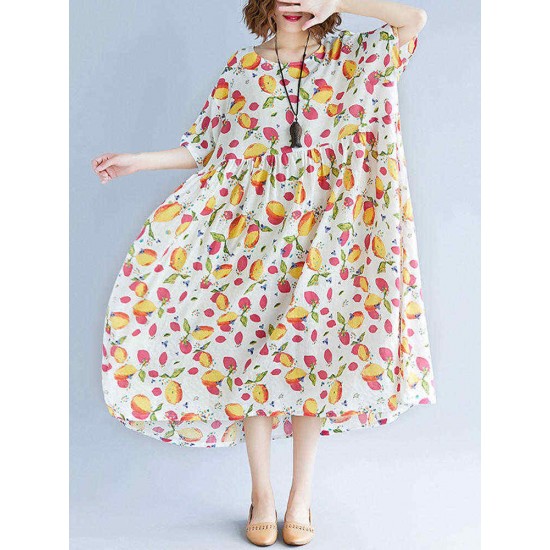 Loose Cotton Fruits Printed Half Sleeve Casual Dress