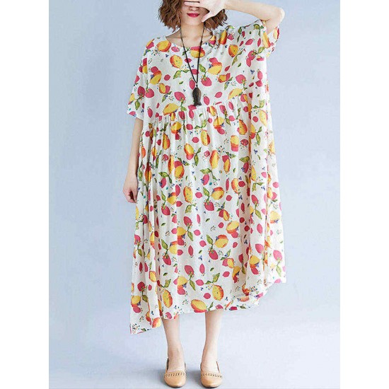 Loose Cotton Fruits Printed Half Sleeve Casual Dress