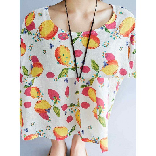 Loose Cotton Fruits Printed Half Sleeve Casual Dress