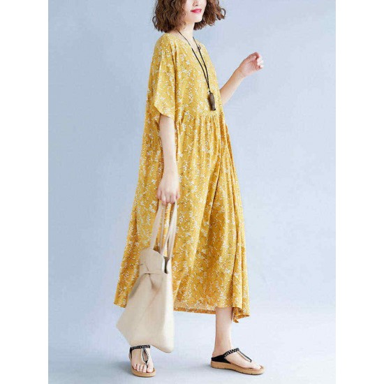 Loose Cotton Linen Elastic Waist A-line Maxi Dress