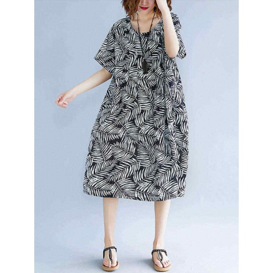 Loose Cotton Short Sleeve O-neck Printed Dress