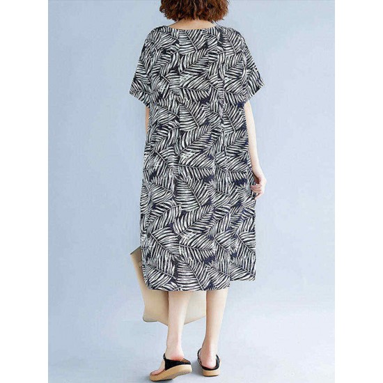 Loose Cotton Short Sleeve O-neck Printed Dress