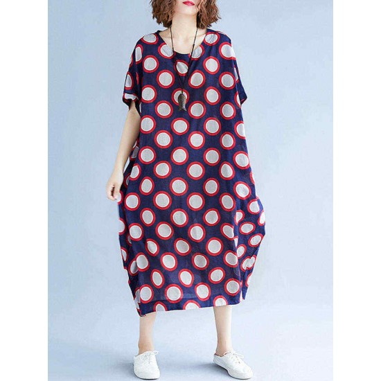 Loose Polka Dot Batwing Sleeve Pockets Bud Dress