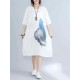 Loose Waist Women White Dress Blue Feather Print Cool Thin Linen Dresses