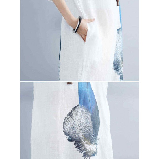 Loose Waist Women White Dress Blue Feather Print Cool Thin Linen Dresses