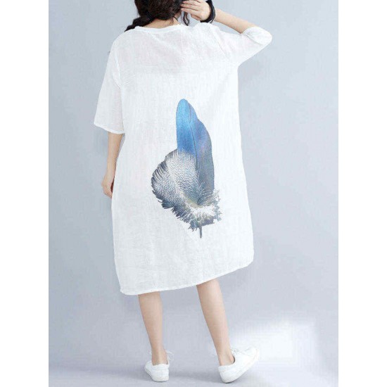 Loose Waist Women White Dress Blue Feather Print Cool Thin Linen Dresses