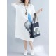 Loose Waist Women White Dress Blue Feather Print Cool Thin Linen Dresses