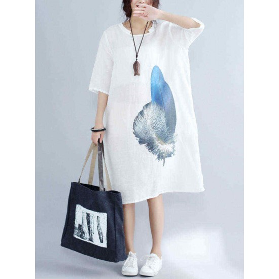 Loose Waist Women White Dress Blue Feather Print Cool Thin Linen Dresses