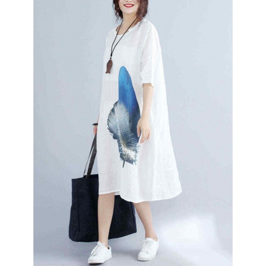 Loose Waist Women White Dress Blue Feather Print Cool Thin Linen Dresses