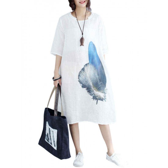 Loose Waist Women White Dress Blue Feather Print Cool Thin Linen Dresses