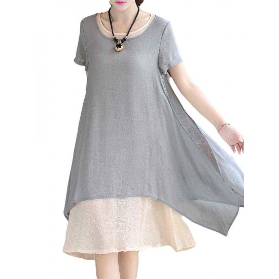 Loose Women Brief Solid Fake Two-Piece Split Cotton Linen Midi Dress