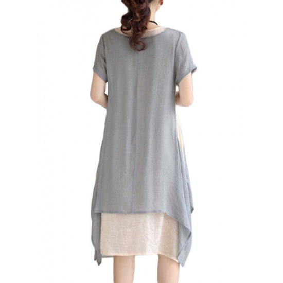 Loose Women Brief Solid Fake Two-Piece Split Cotton Linen Midi Dress