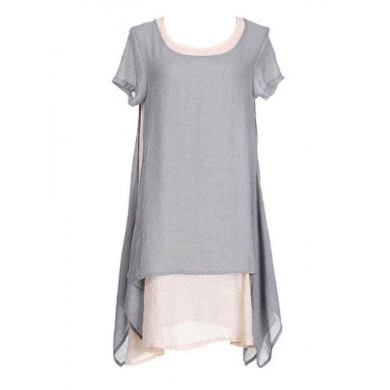 Loose Women Brief Solid Fake Two-Piece Split Cotton Linen Midi Dress