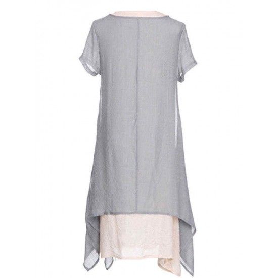 Loose Women Brief Solid Fake Two-Piece Split Cotton Linen Midi Dress