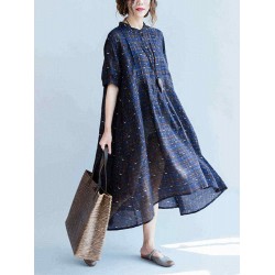 Loose Women Printed Dress Cotton Blend Short Sleeve Bottons Dresses