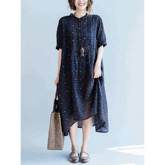 Loose Women Printed Dress Cotton Blend Short Sleeve Bottons Dresses