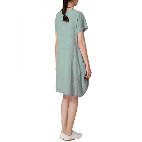 Loose Women Summer Solid Irregular Cotton Linen Lantern Dress