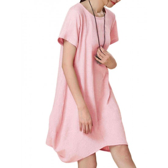 Loose Women Summer Solid Irregular Cotton Linen Lantern Dress