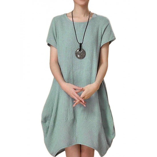 Loose Women Summer Solid Irregular Cotton Linen Lantern Dress