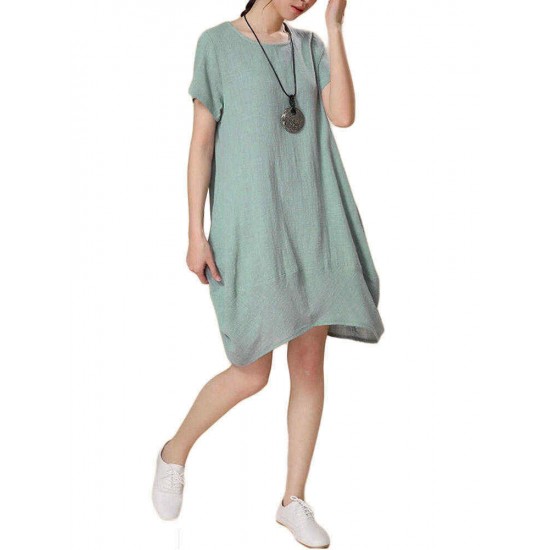 Loose Women Summer Solid Irregular Cotton Linen Lantern Dress