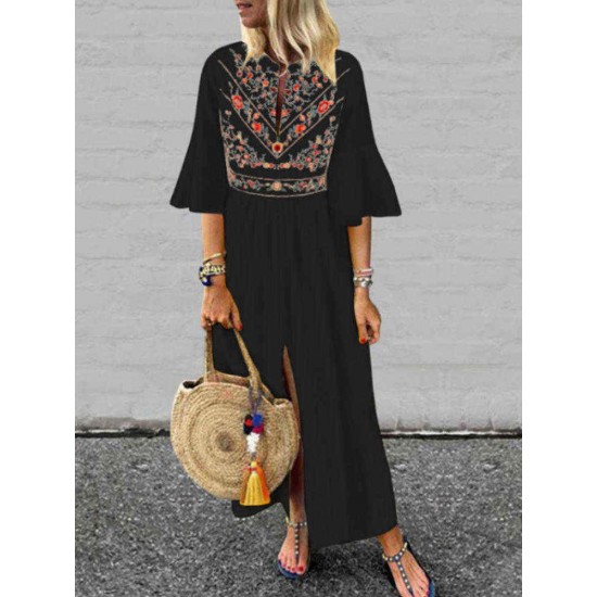 M-5XL Boho Floral Print Flare Sleeve Split Hem Dress