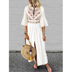 M-5XL Boho Floral Print Flare Sleeve Split Hem Dress